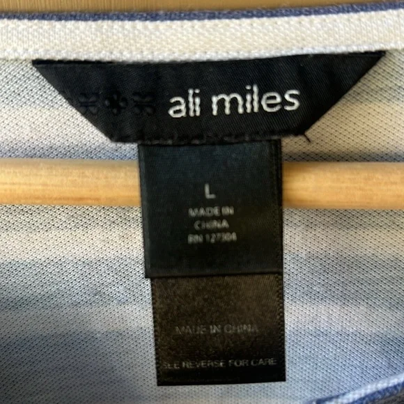 Ali Miles Sz L Muted Blue Striped Floral Split Collar 3/4 Sleeve - Picture 3 of 6